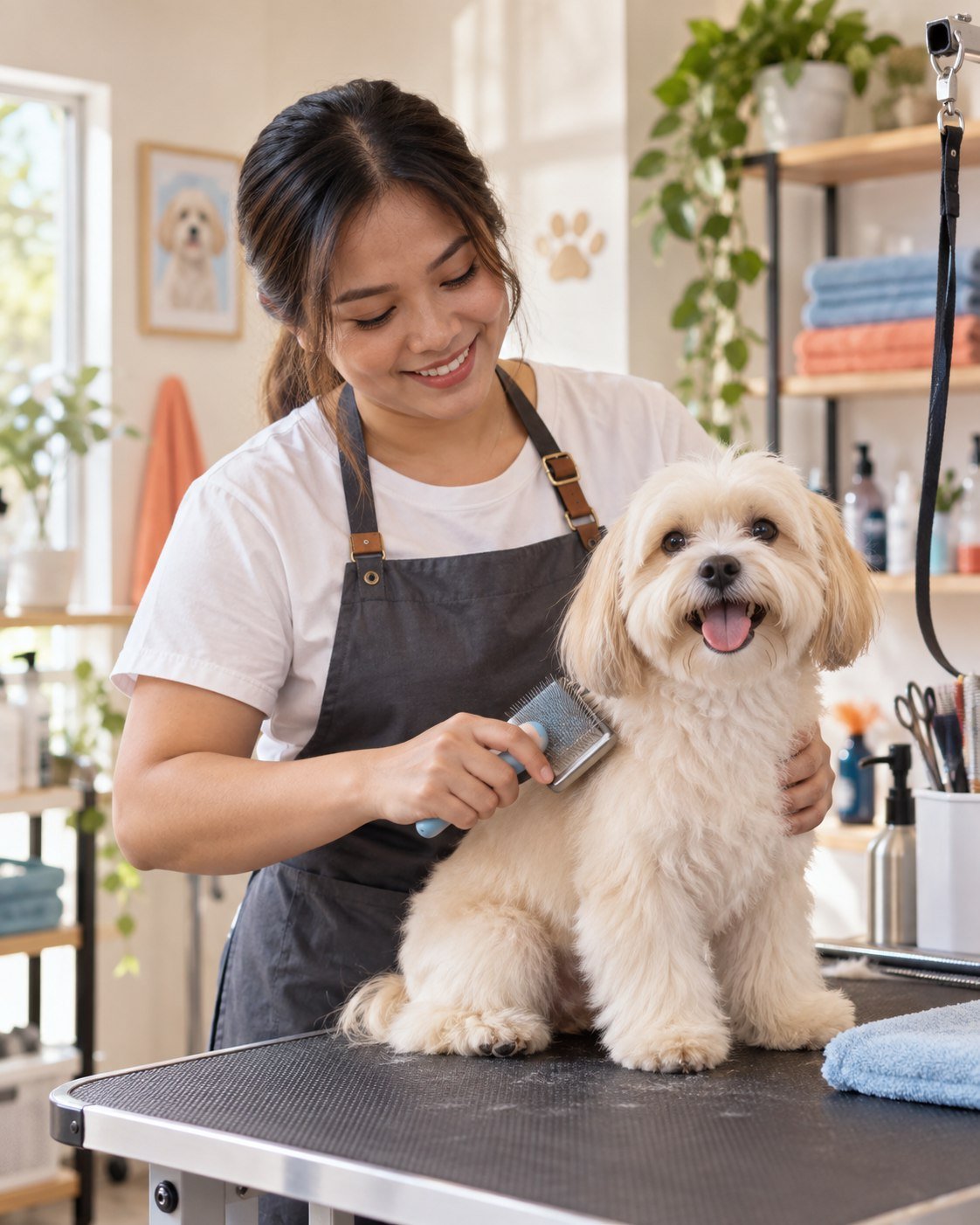 A Bark & Style groomer caring for a happy dog