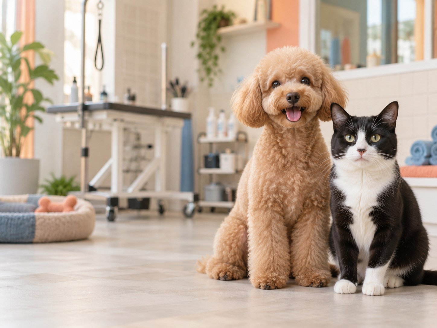 Freshly groomed dog and cat at Bark & Style